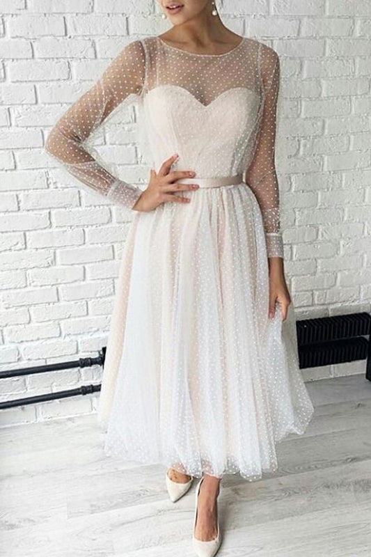 Tea-Length Tulle Prom Dress New Dot A Line Long Sleeves Evening Dress GP71