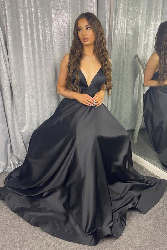 Vestido de fiesta largo de satén con escote en V negro sencillo, vestido de noche negro