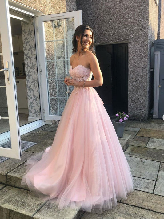 Vestido de fiesta largo de tul con escote en forma de corazón en color rosa, vestido de noche de tul con encaje en color rosa