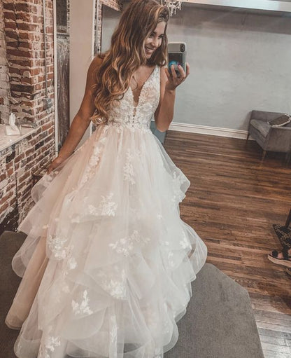 Elegant V Neck Tulle Prom Dresses, Princess Long Wedding Dresses PW469
