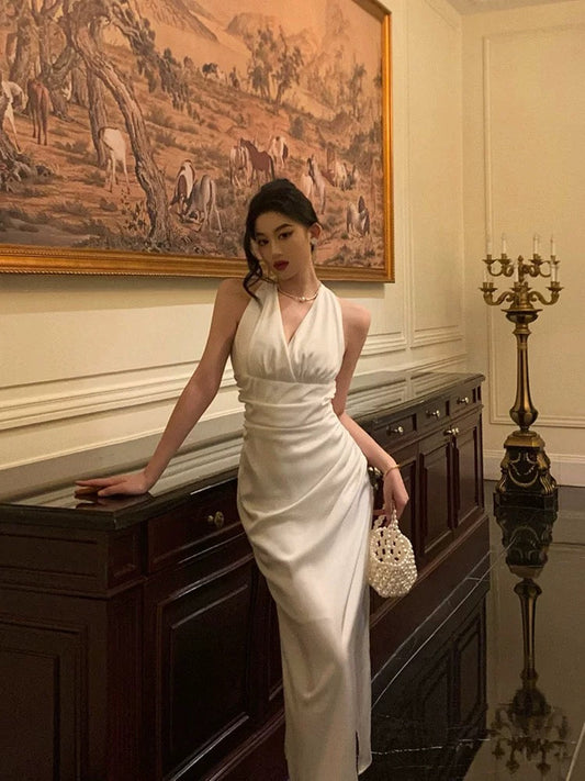 Sexy Sheath Halter White Sleeveless Prom Dresses Party Dress Summer Birthday Outfits Birthday Dresses W811