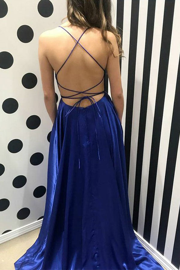 Royal Blue Simple Long Prom Dresses, Split Evening Party With Pockets MP783
