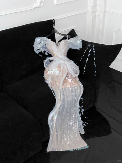 Vestido de noche elegante de gasa con hombros descubiertos y lentejuelas color champán espumoso vintage TP4153