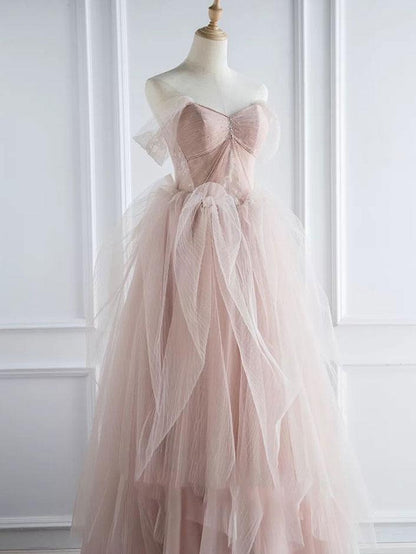 Vestido de fiesta largo de tul rosa con escote en forma de corazón, vestido formal de tul rosa