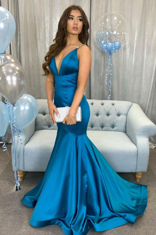 Vestido de fiesta largo de satén azul pavo real con escote en V sencillo y vestido de noche azul