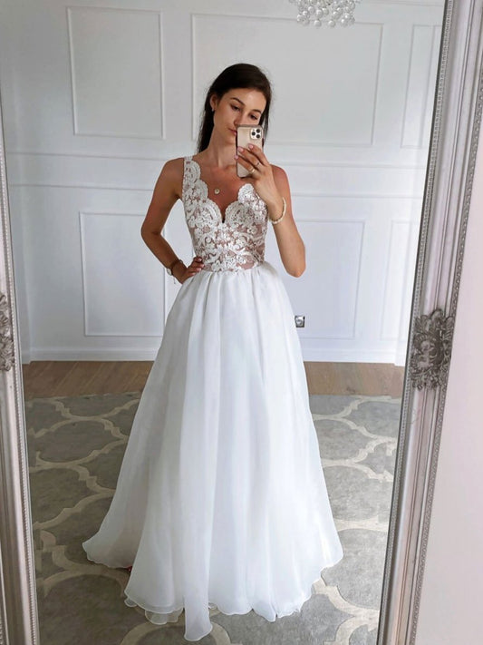 Vestido largo de fiesta de tul con encaje y escote en V blanco, vestido de noche largo de encaje