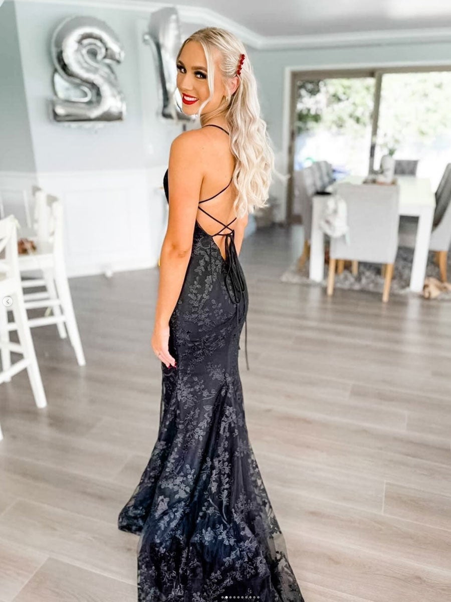 Vestido de fiesta largo de sirena con encaje negro, vestido de noche de encaje negro