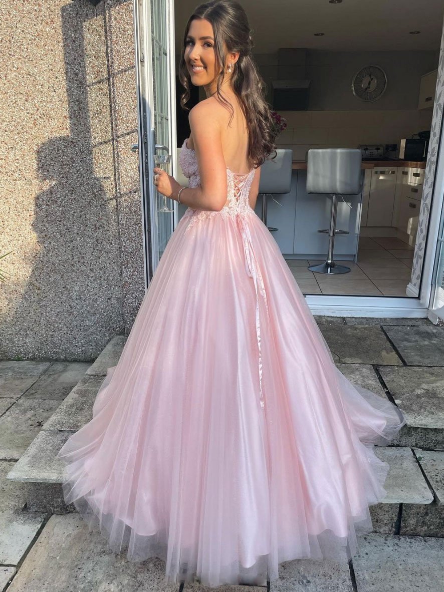 Vestido de fiesta largo de tul con escote en forma de corazón en color rosa, vestido de noche de tul con encaje en color rosa