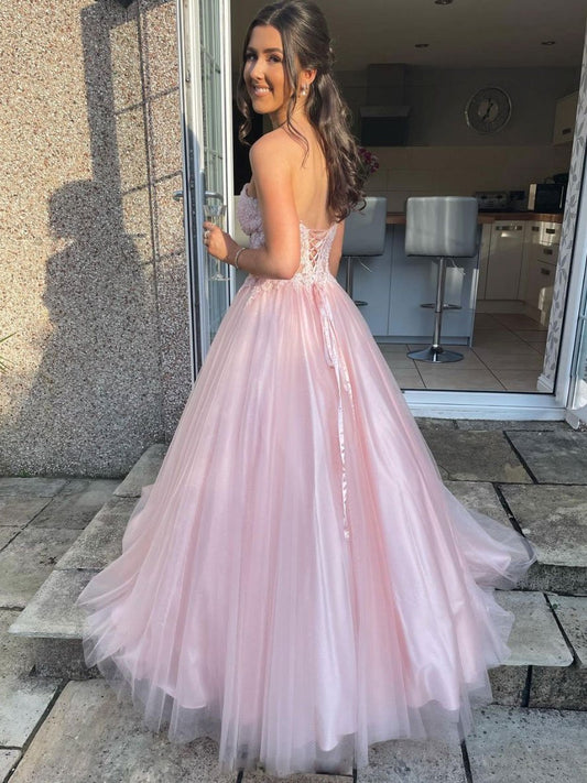 Vestido de fiesta largo de tul con escote en forma de corazón en color rosa, vestido de noche de tul con encaje en color rosa
