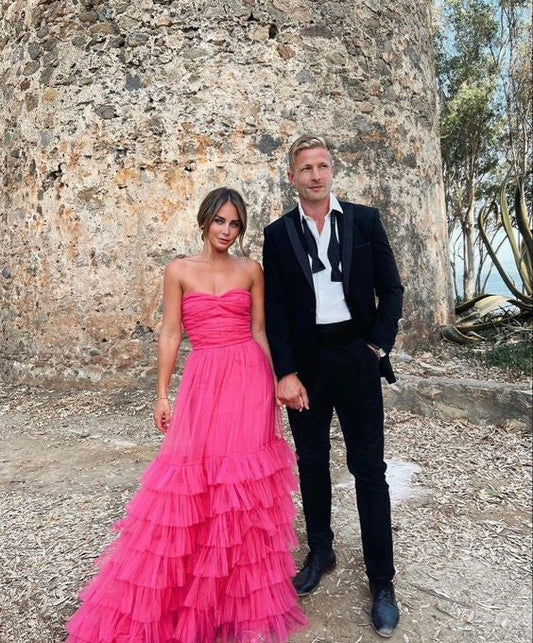 Vestidos de noche de diseñador de corte A largo, vestido de gala formal de tul con volantes