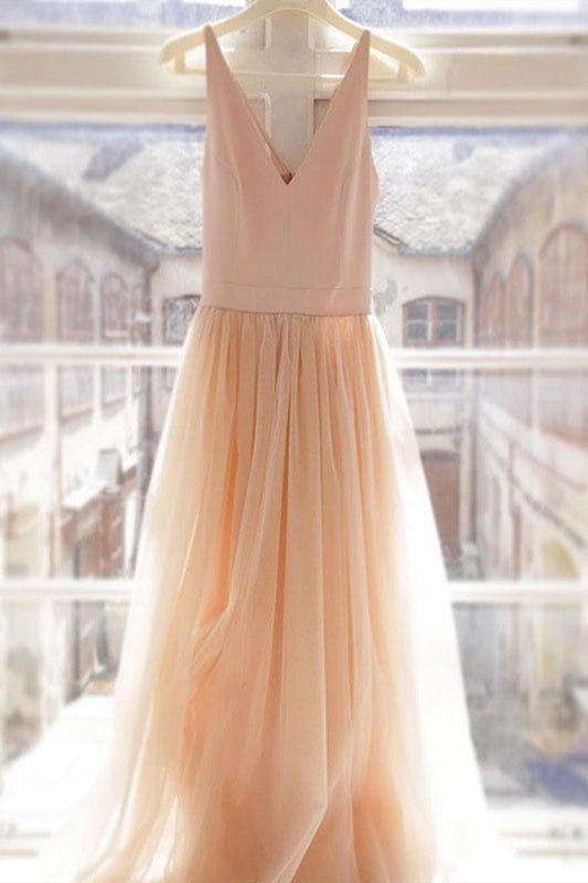 V Neck Tulle Beach Wedding Dresses, A Line V Neck Formal Dresses PW405