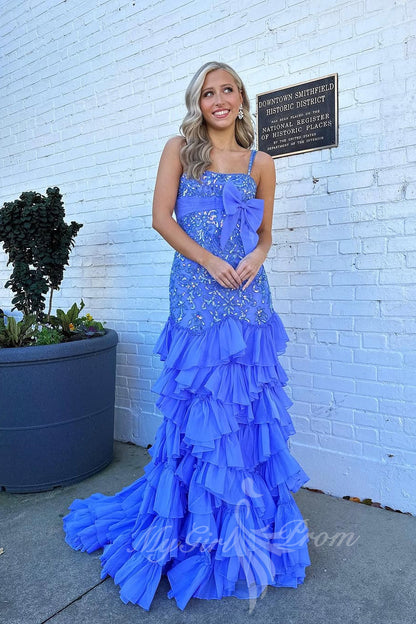 Straps Square Neck Blue Sequins Prom Dress Mermaid Ruffles Formal Dress GP782