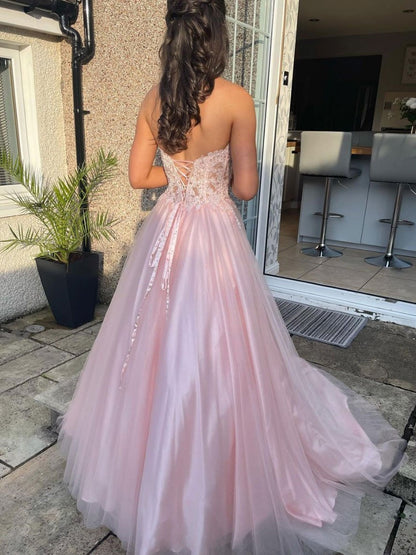 Vestido de fiesta largo de tul con escote en forma de corazón en color rosa, vestido de noche de tul con encaje en color rosa