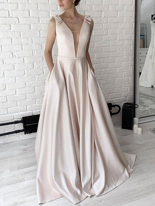 Vestido de fiesta largo de satén color albaricoque con escote en V sencillo, vestido de dama de honor