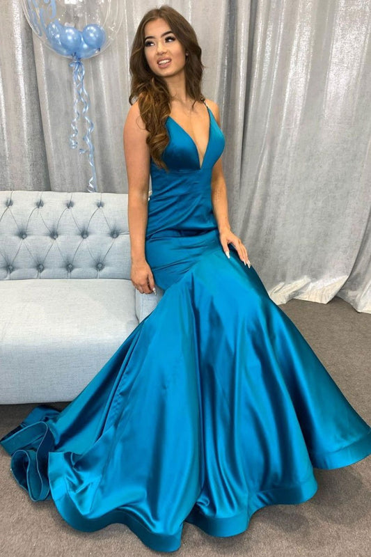 Vestido de fiesta largo de satén azul pavo real con escote en V sencillo y vestido de noche azul