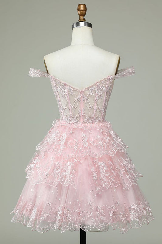 Vintage Pink Floral Embroidery Design A-line Off-the-shoulder Tiered Homecoming Dress TP3418