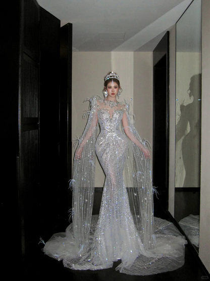 Elegante vestido de novia de corte sirena con lentejuelas plateadas y brillantes, vestido de fiesta, vestido de noche TP4236