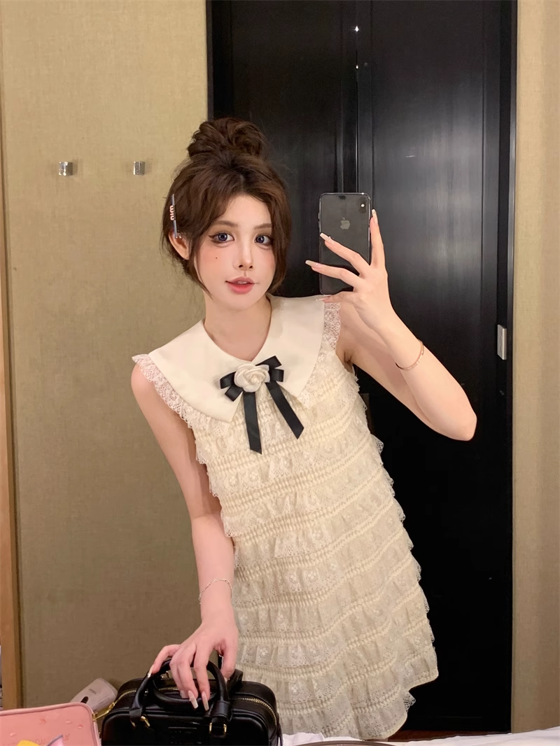 Vestido de fiesta de moda beige con lazo y encaje, corte A, sin mangas y sin tirantes, TP3698