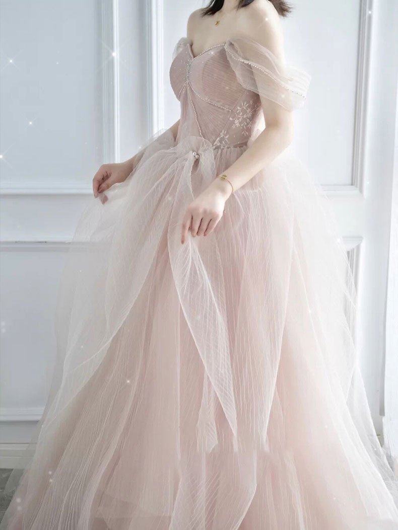 Vestido de fiesta largo de tul rosa con escote en forma de corazón, vestido formal de tul rosa