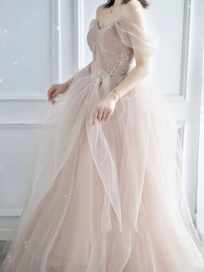 Vestido de fiesta largo de tul rosa con escote en forma de corazón, vestido formal de tul rosa