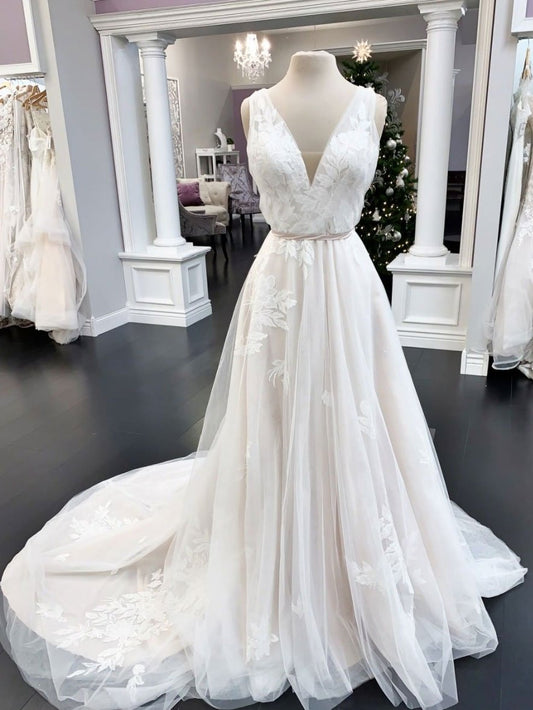 Vestido de fiesta largo de tul con escote en V blanco y encaje, vestido de noche de encaje