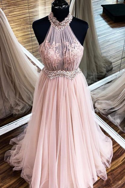A Line Halter Blush Pink Tulle Prom Dress With Lace,WP332