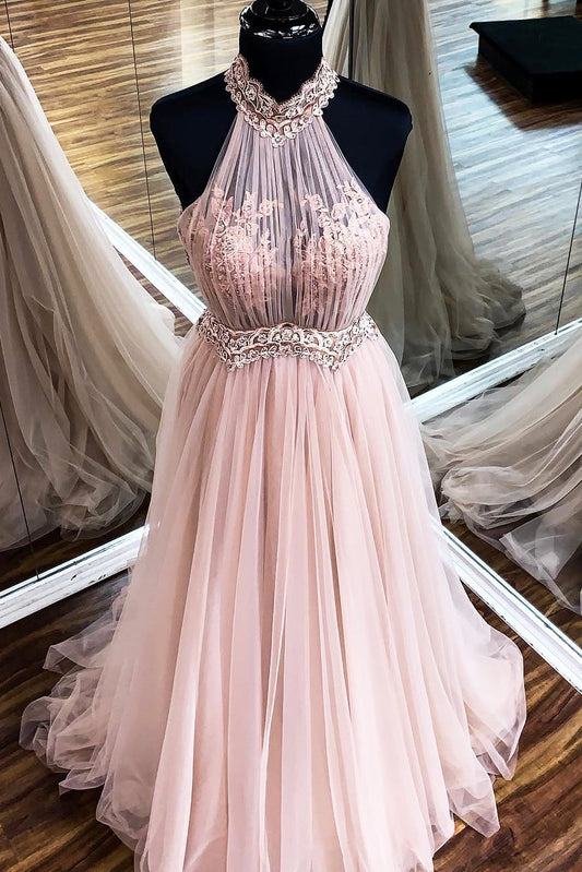 A Line Halter Blush Pink Tulle Prom Dress With Lace,WP332