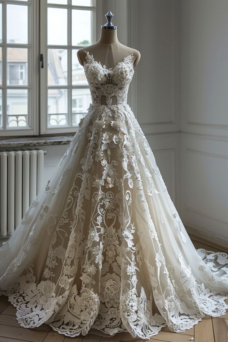 Vestido de novia largo elegante de tul con escote en V y encaje ED01338