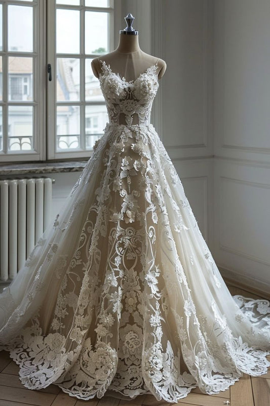 Vestido de novia largo elegante de tul con escote en V y encaje ED01338