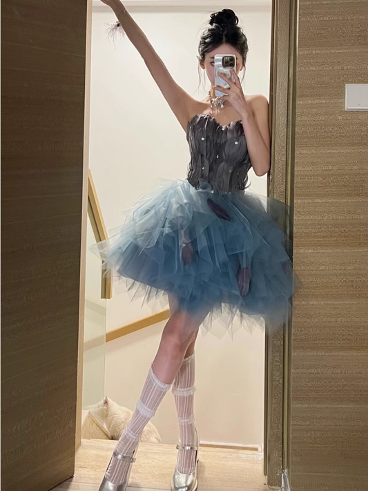 Fashion Blue Sequin Tulle Design A-line Sweetheart Strapless Homecoming Dress TP3682