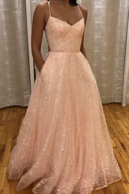 Vestidos de fiesta rosas brillantes, largos, de corte A, sin espalda, formales, con bolsillo