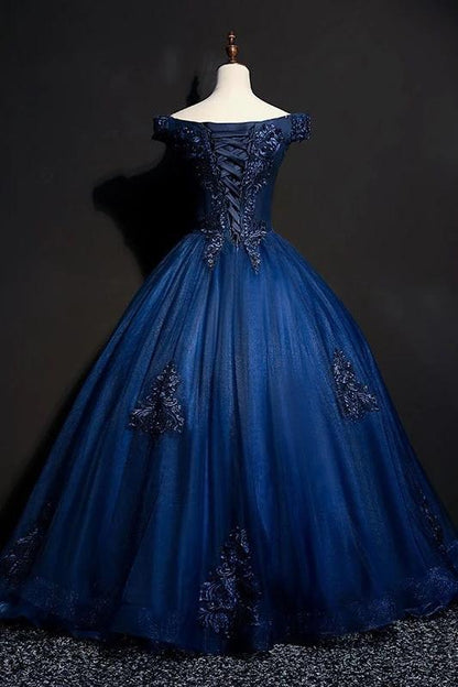 Royal Blue Long Prom Dresses With Lace Appliques, Elegant Offf-Shoulder Formal Dress MP62