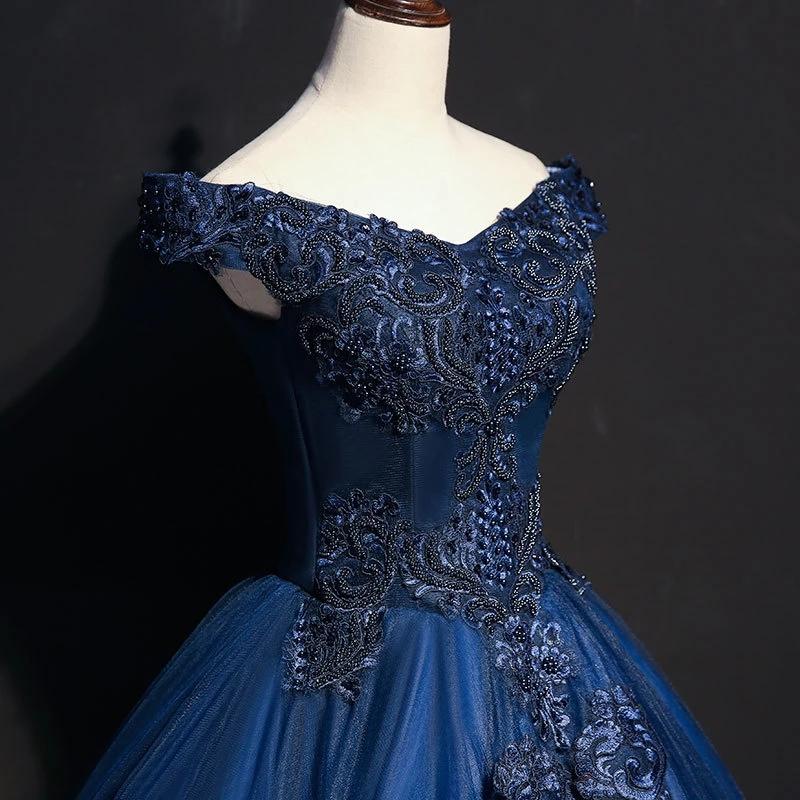 Royal Blue Long Prom Dresses With Lace Appliques, Elegant Offf-Shoulder Formal Dress MP62