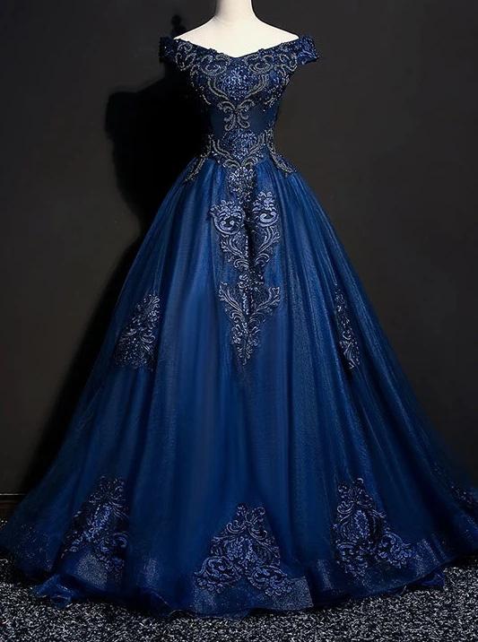 Royal Blue Long Prom Dresses With Lace Appliques, Elegant Offf-Shoulder Formal Dress MP62