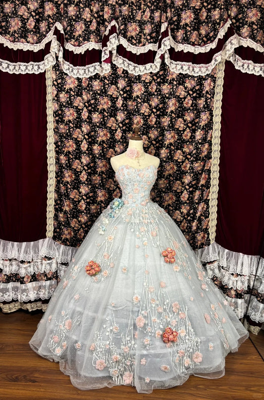 Vestido de fiesta de tul con flores 3D, corte A, escote corazón, sin tirantes, TP3785