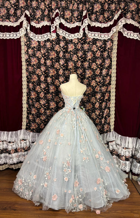 Vestido de fiesta de tul con flores 3D, corte A, escote corazón, sin tirantes, TP3785