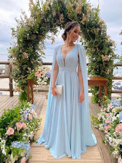 Vestido de dama de honor de gasa azul cielo, corte A, con volantes, escote pronunciado, largo, sin espalda, para fiesta de dama de honor.