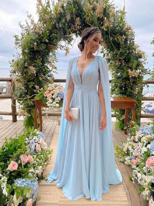 Vestido de dama de honor de gasa azul cielo, corte A, con volantes, escote pronunciado, largo, sin espalda, para fiesta de dama de honor.