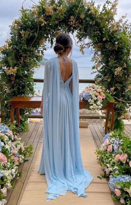 Vestido de dama de honor de gasa azul cielo, corte A, con volantes, escote pronunciado, largo, sin espalda, para fiesta de dama de honor.