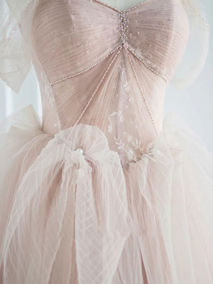 Vestido de fiesta largo de tul rosa con escote en forma de corazón, vestido formal de tul rosa
