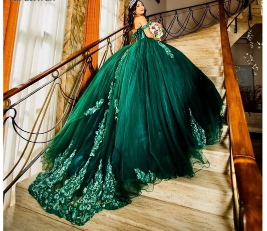 Vestido de quinceañera verde oscuro, vestido de quinceañera con lentejuelas y cuentas, vestido de baile