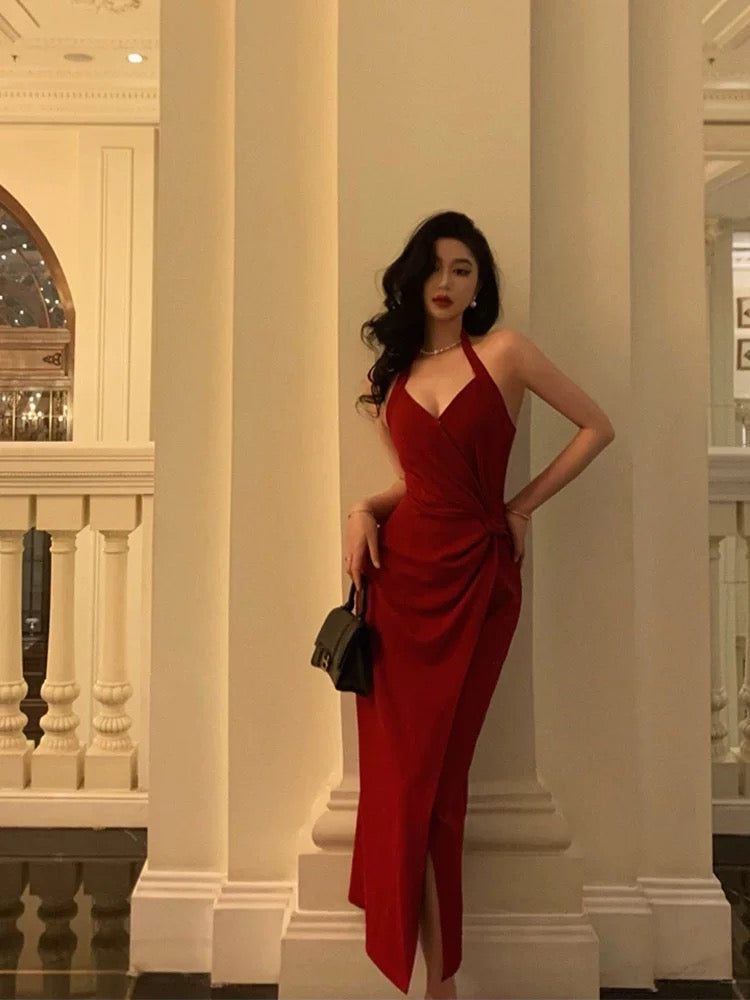 Vestidos de fiesta rojos sin mangas con cuello halter y escote en V sexys, vestidos de fiesta de verano para cumpleaños, vestidos de cumpleaños W810