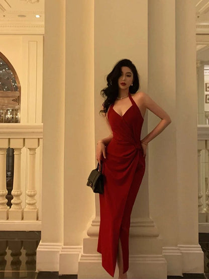 Vestidos de fiesta rojos sin mangas con cuello halter y escote en V sexys, vestidos de fiesta de verano para cumpleaños, vestidos de cumpleaños W810