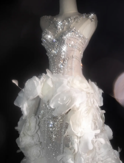 3D Flower White A Line Sweetheart Neck Rhinestone Tulle Long Prom Dress SH3247