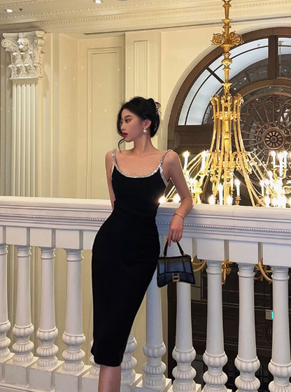 Vestido negro sexy de sirena con tirantes finos para cumpleaños número 18, ideas para vestidos de cumpleaños para mujeres (DP2324)