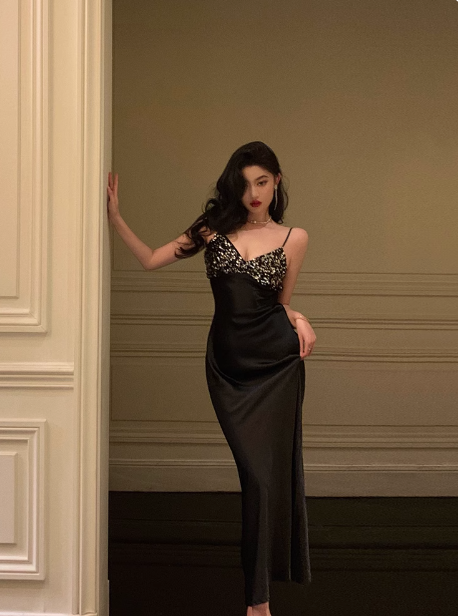 Vestido negro sexy de sirena con tirantes finos para cumpleaños número 18, ideas para vestidos de cumpleaños para mujeres (DP2323)
