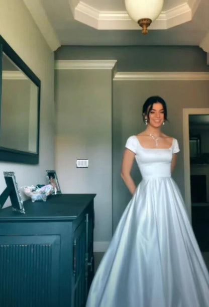 Vestido de novia de satén sencillo y único con corte en A, vestido de fiesta de graduación encantador