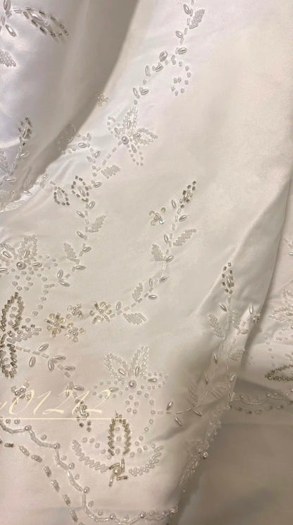 White and yellow exquisite bead decoration long satin ball dress evening dress wedding dress gh4509