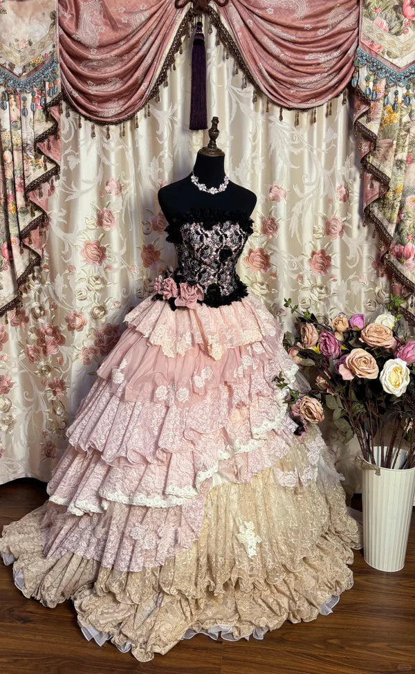 Vestido de noche vintage de quinceañera, de encaje rosa, sin tirantes y con capas, corte A, TP4289