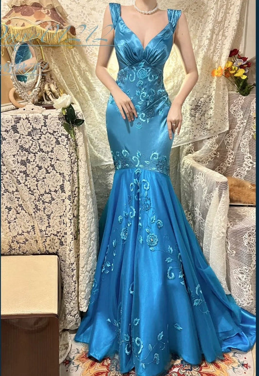 Blue Floral Elegant Long Satin Ball Gown Evening Gown Party Dress Bridesmaid Dresses gh4464